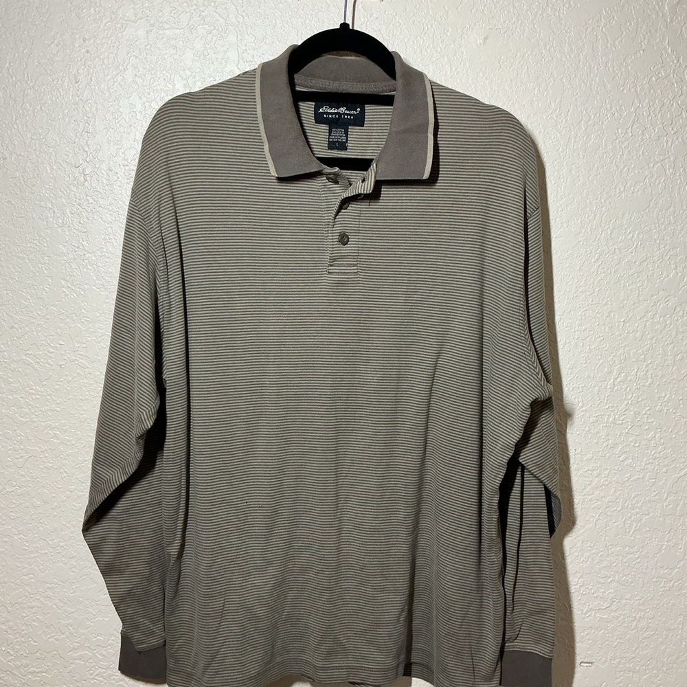 Eddie Bauer Long Sleeve Polo in Olive with Gray Trim